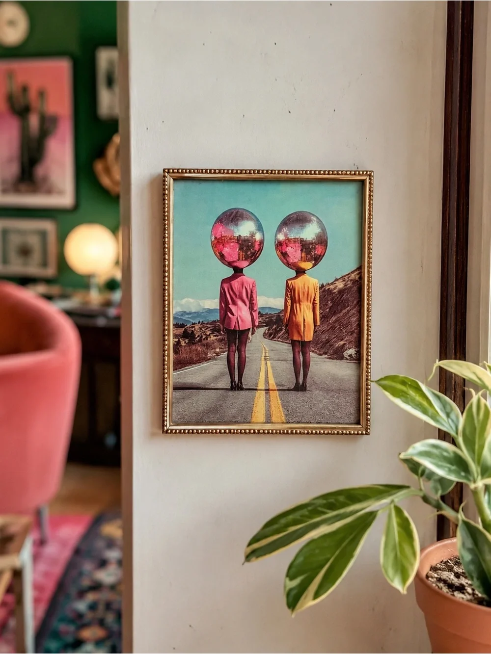 Vintage Surrealist Disco Ball Head Art 8x10 Gold Frame Eclectic Dopamine Decor